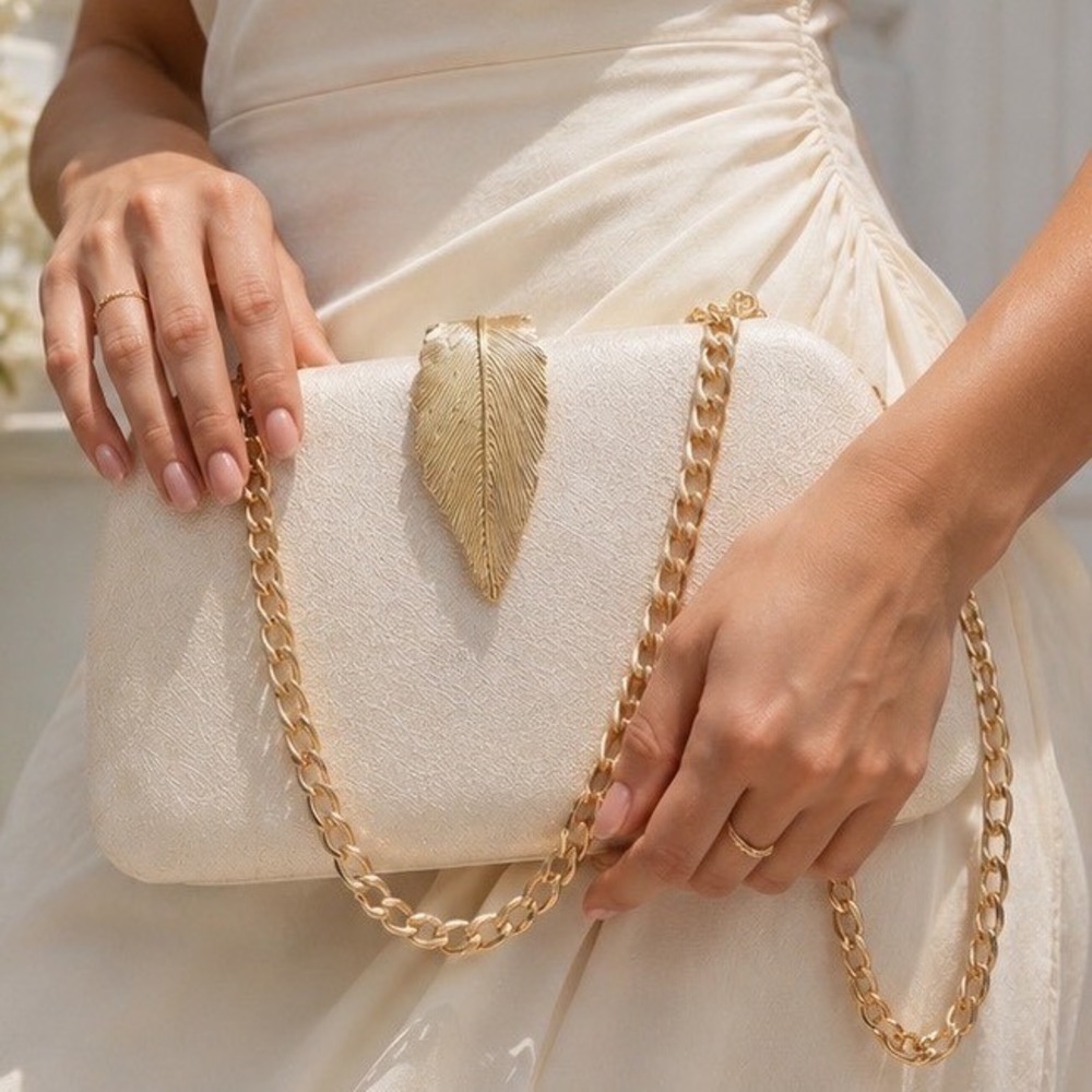 Before & Ever Champagne Gold Evening Clutch with Chain and Leaf Clasp